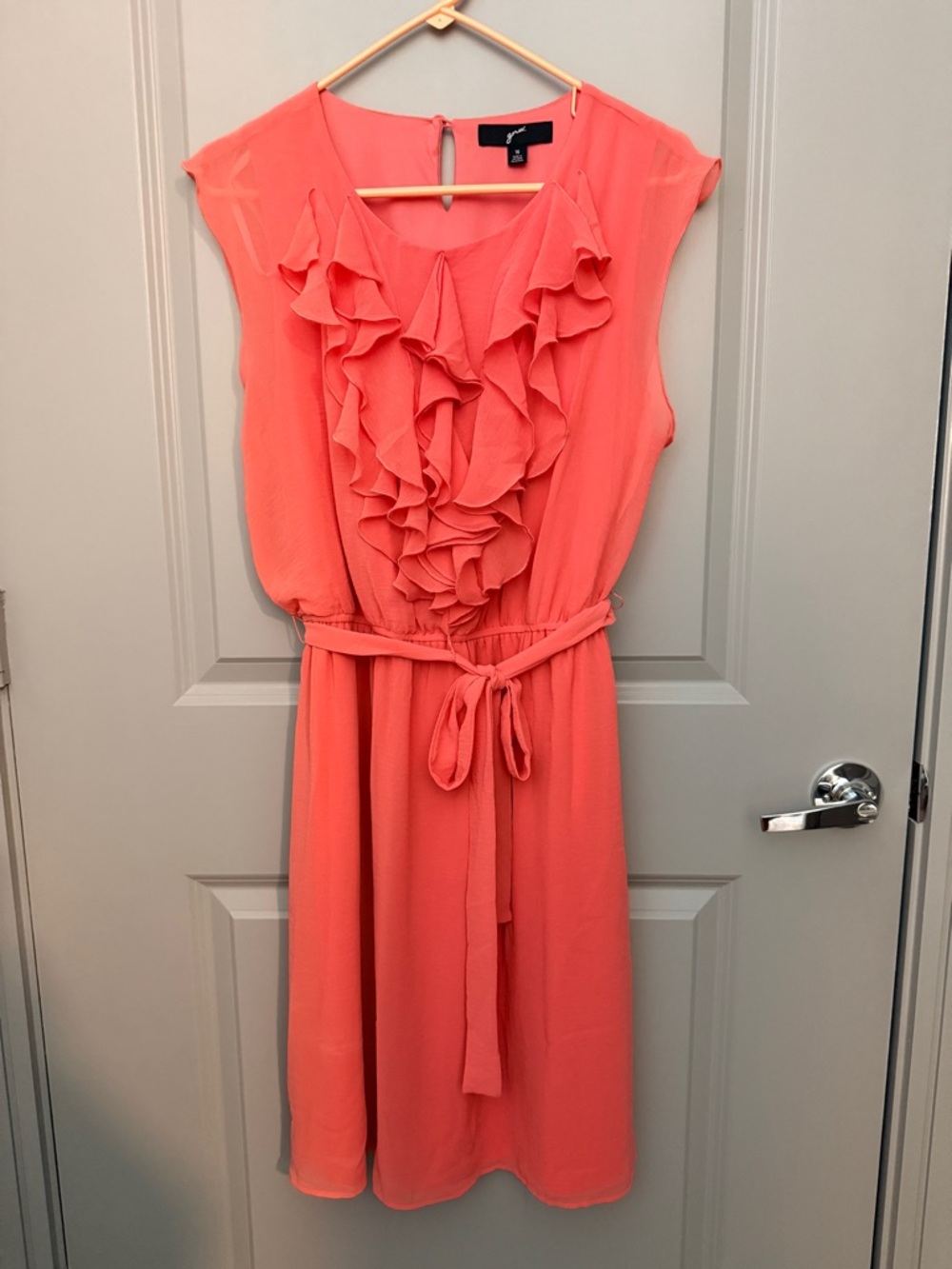 GNW Coral Midi Dress with Ruffle Front and Self-Tie Belt